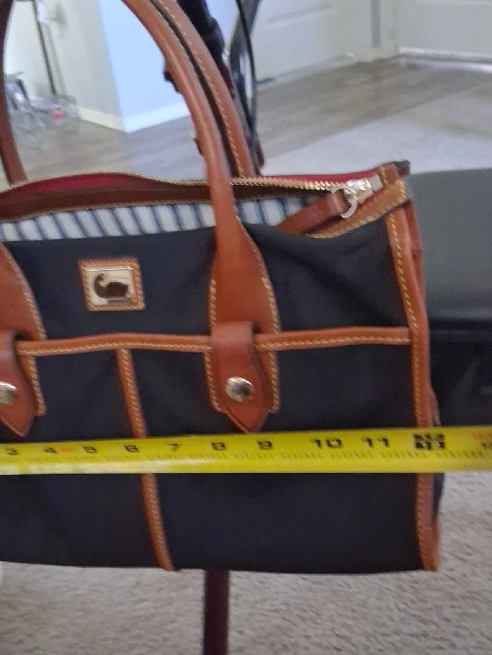 Dooney & Bourke Black Satchel with Brown Leather Trim and Gold Hardware